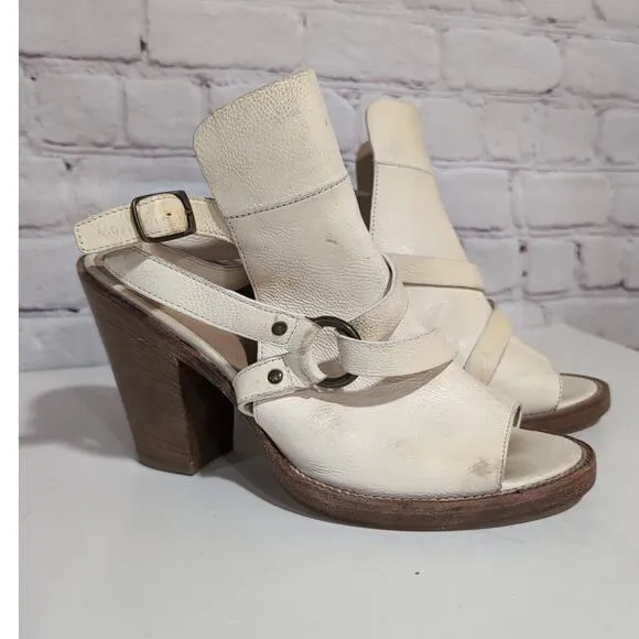 Lucchese Bootmaker Off White Leather Sandal Block Heels Size 7 Italy Mad…