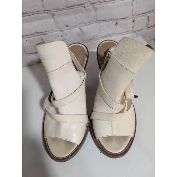 Lucchese Bootmaker Off White Leather Sandal Block Heels Size 7 Italy Mad…