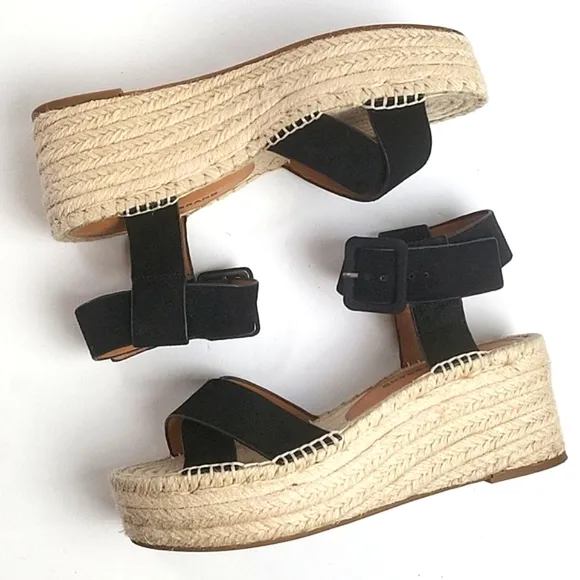 Lucky Brand Audrinah Black Suede Leather Ankle Strap Platform Espadrille…