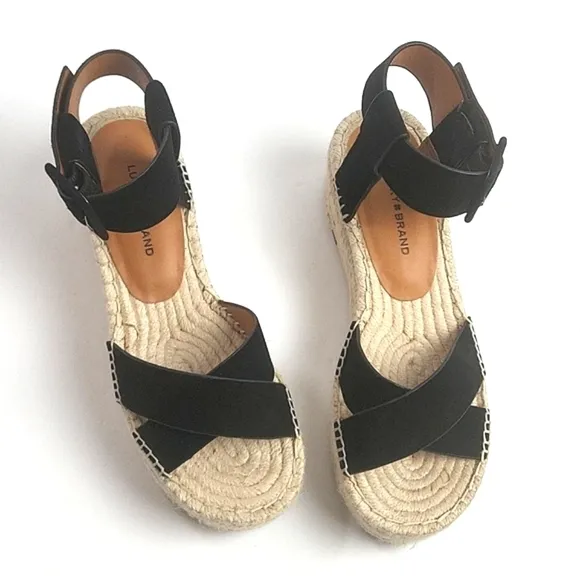 Lucky Brand Audrinah Black Suede Leather Ankle Strap Platform Espadrille…