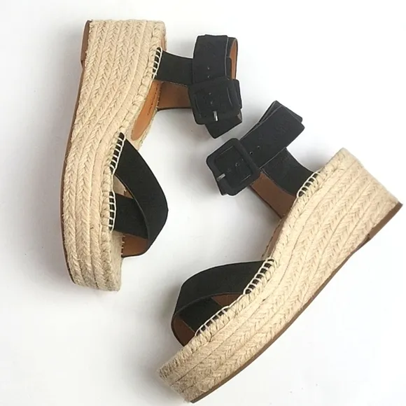 Lucky Brand Audrinah Black Suede Leather Ankle Strap Platform Espadrille…
