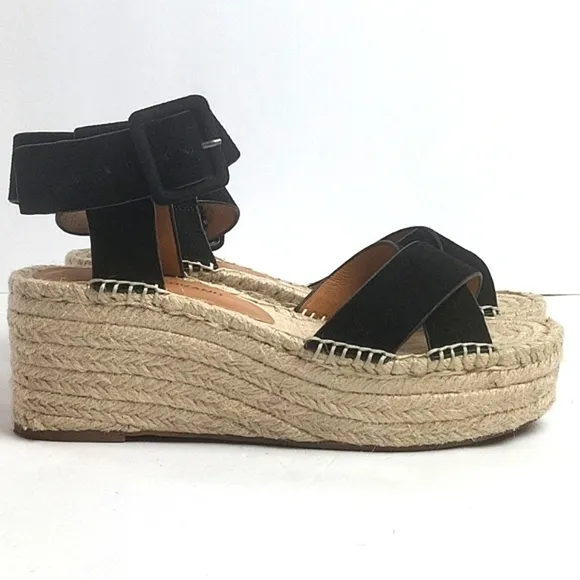 Lucky Brand Audrinah Black Suede Leather Ankle Strap Platform Espadrille…