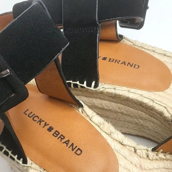 Lucky Brand Audrinah Black Suede Leather Ankle Strap Platform Espadrille…