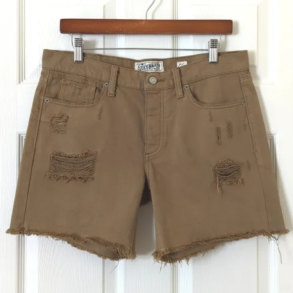 Lucky Brand Distressed Mid Rise Cut Off Button Fly Boyfriend Shorts Brown 4/27