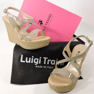 LUIGI TRAINI 🇮🇹 WOMEN'S BEIGE PATENT LEATHER COMFORT WEDGE SUMMER SANDALS