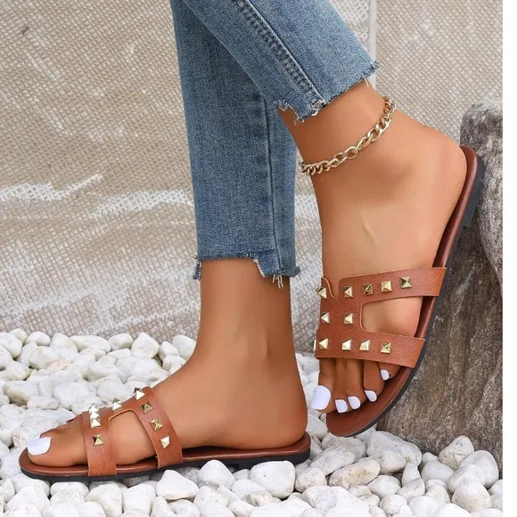 Luxe Studded Vegan Leather Slip on Flat Sandals