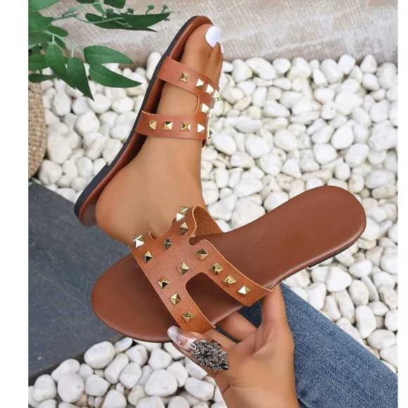 Luxe Studded Vegan Leather Slip on Flat Sandals