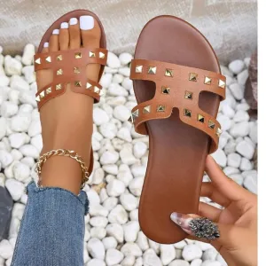 Luxe Studded Vegan Leather Slip on Flat Sandals