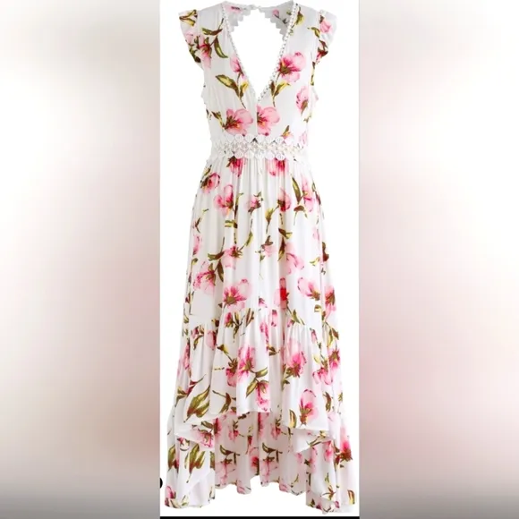 Luxxel Open Back Floral White and Pink Maxi Lace Dress, Size M, Frilling