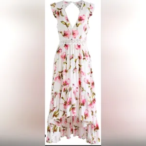 Luxxel Open Back Floral White and Pink Maxi Lace Dress, Size M, Frilling