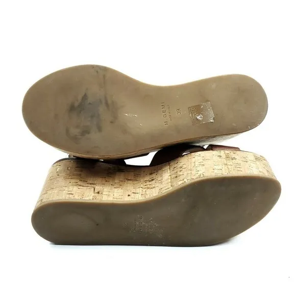 M. Gemi Sandals EUR 39 Chestnut Brown Leather Platform Cork The Linee Wedges