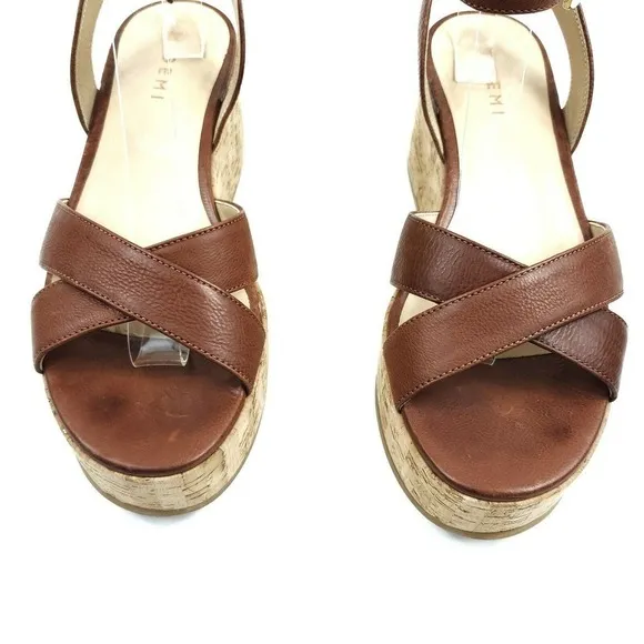 M. Gemi Sandals EUR 39 Chestnut Brown Leather Platform Cork The Linee Wedges