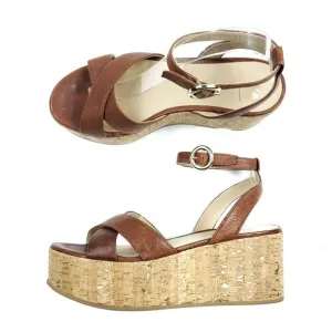 M. Gemi Sandals EUR 39 Chestnut Brown Leather Platform Cork The Linee Wedges