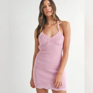 MABLE Crochet Crisscross Spaghetti Strap Mini Dress Pink