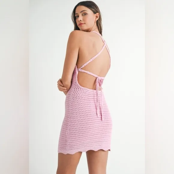 MABLE Crochet Crisscross Spaghetti Strap Mini Dress Pink