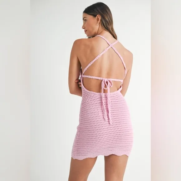 MABLE Crochet Crisscross Spaghetti Strap Mini Dress Pink