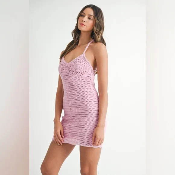 MABLE Crochet Crisscross Spaghetti Strap Mini Dress Pink