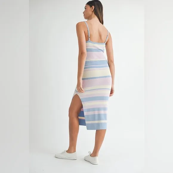 MABLE Multi Color Striped Front Cutout Knit Midi Dress