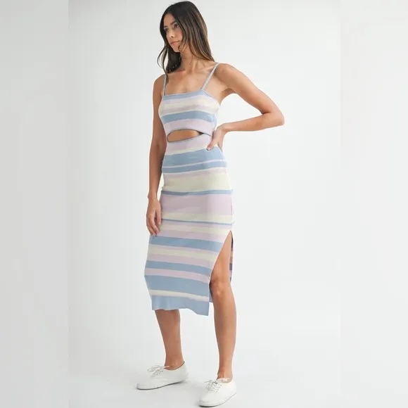 MABLE Multi Color Striped Front Cutout Knit Midi Dress