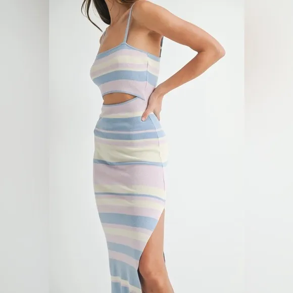 MABLE Multi Color Striped Front Cutout Knit Midi Dress