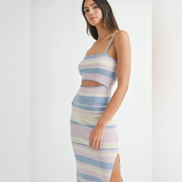 MABLE Multi Color Striped Front Cutout Knit Midi Dress