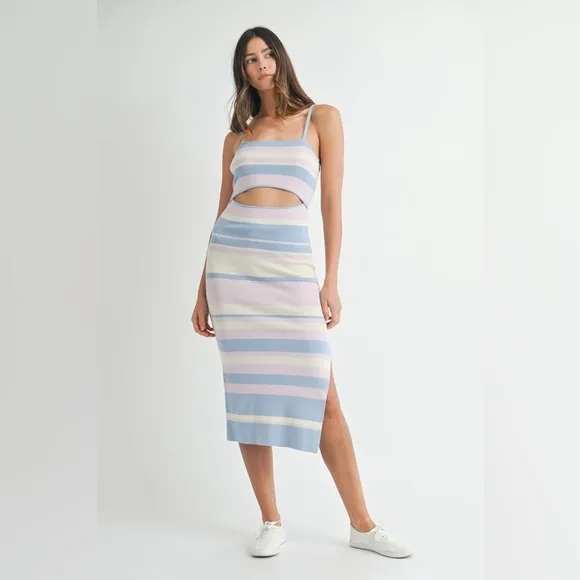 MABLE Multi Color Striped Front Cutout Knit Midi Dress