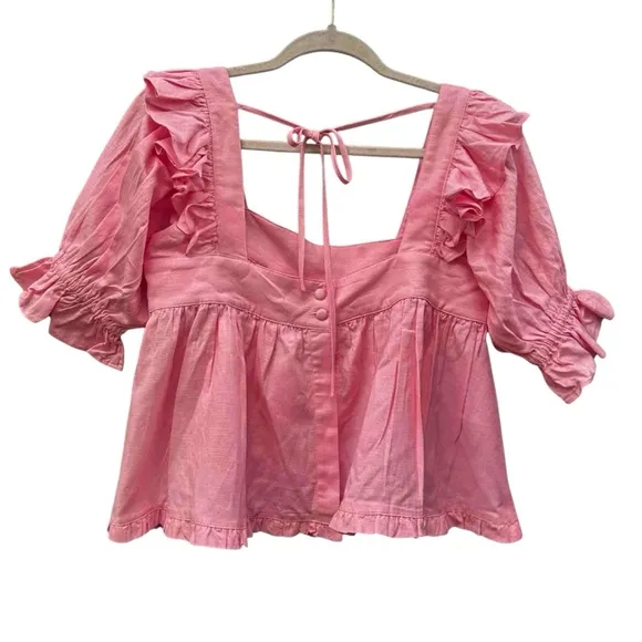 Mable Pink 2 Piece Shorts Top Set Linen Blend Ruffles New