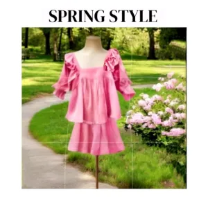 Mable Pink 2 Piece Shorts Top Set Linen Blend Ruffles New