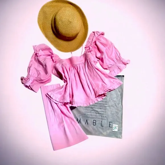 Mable Pink 2 Piece Shorts Top Set Linen Blend Ruffles New