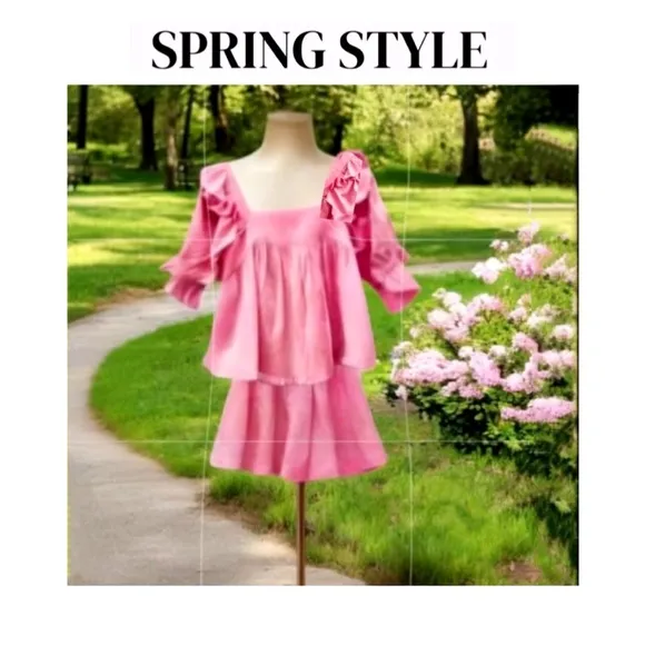 Mable Pink 2 Piece Shorts Top Set Linen Blend Ruffles New