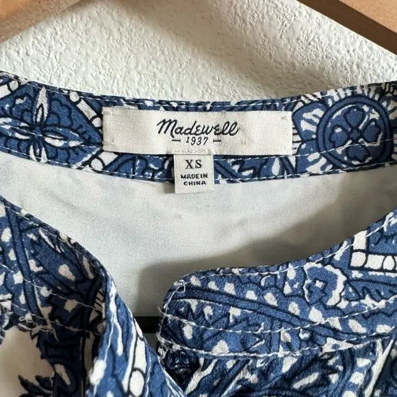 Madewell Blue White Floral Journey Silk Shirt Dress Women's XS