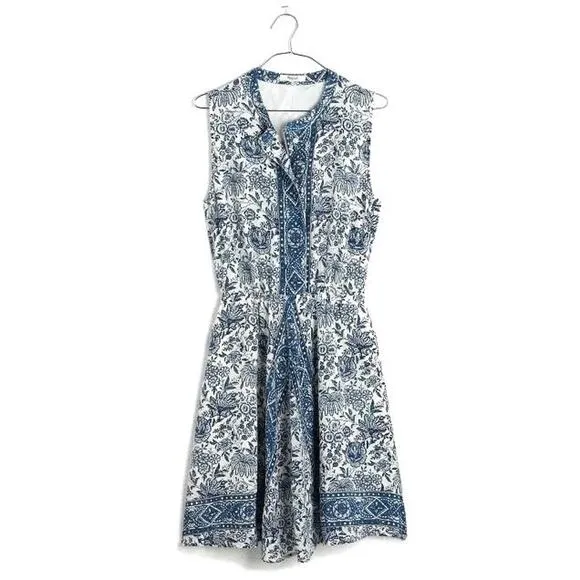 Madewell Blue White Floral Journey Silk Shirt Dress Women's XS