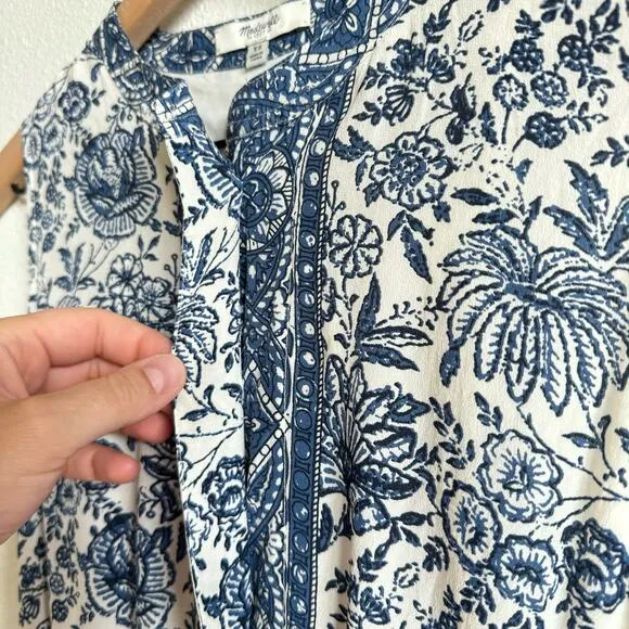 Madewell Blue White Floral Journey Silk Shirt Dress Women's XS