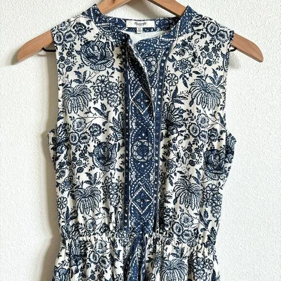 Madewell Blue White Floral Journey Silk Shirt Dress Women's XS