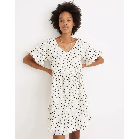 Madewell Lightspun Ruffle-Sleeve Babydoll Cotton Gauze V Neck Tunic Dress sz XS