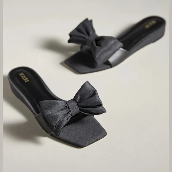Maeve by Anthropologie Bow Micro Wedge Sandals in Black Size10 NEW