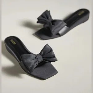 Maeve by Anthropologie Bow Micro Wedge Sandals in Black Size10 NEW