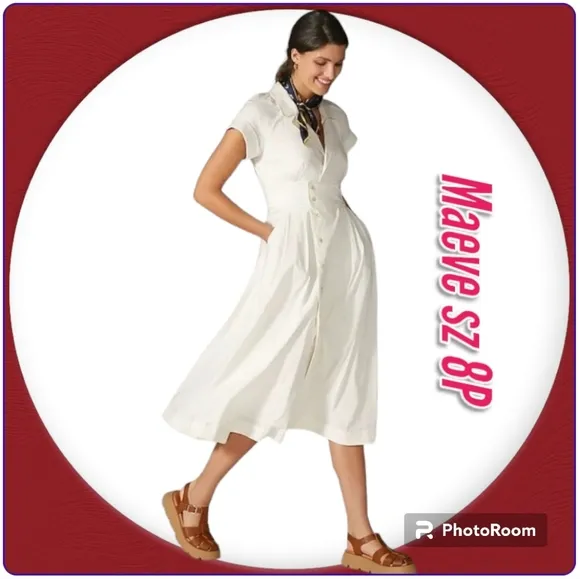 MAEVE by Anthropology POPLIN Collared MIDI Off White SHIRTDRESS