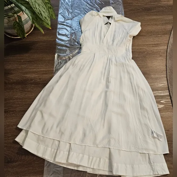 MAEVE by Anthropology POPLIN Collared MIDI Off White SHIRTDRESS