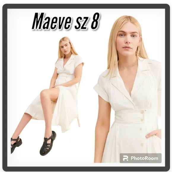 MAEVE by Anthropology POPLIN Collared MIDI Off White SHIRTDRESS