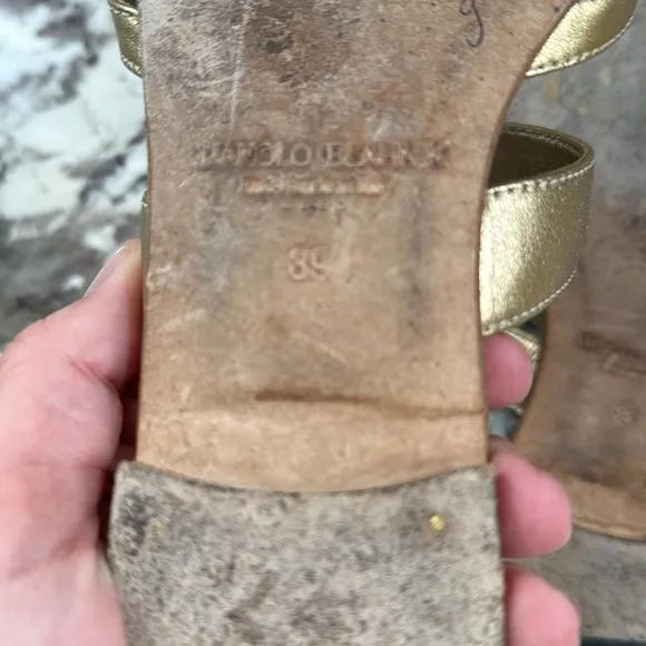Manolo Blahnik Gold Sandals Metallic Slide Style