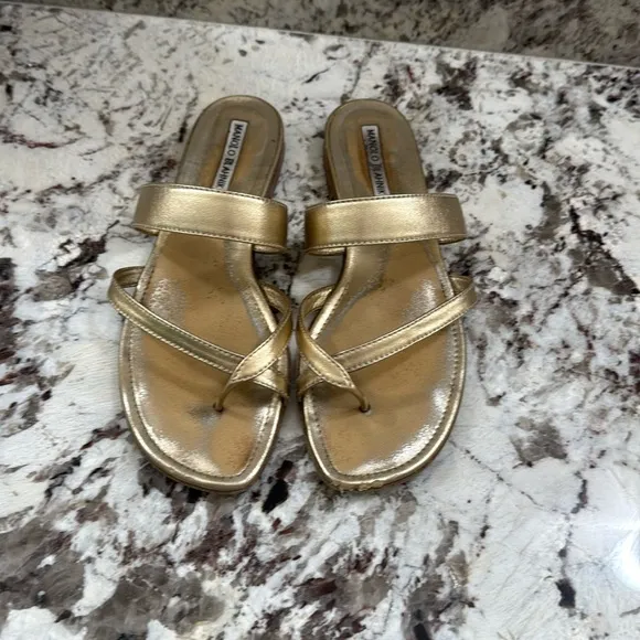 Manolo Blahnik Gold Sandals Metallic Slide Style