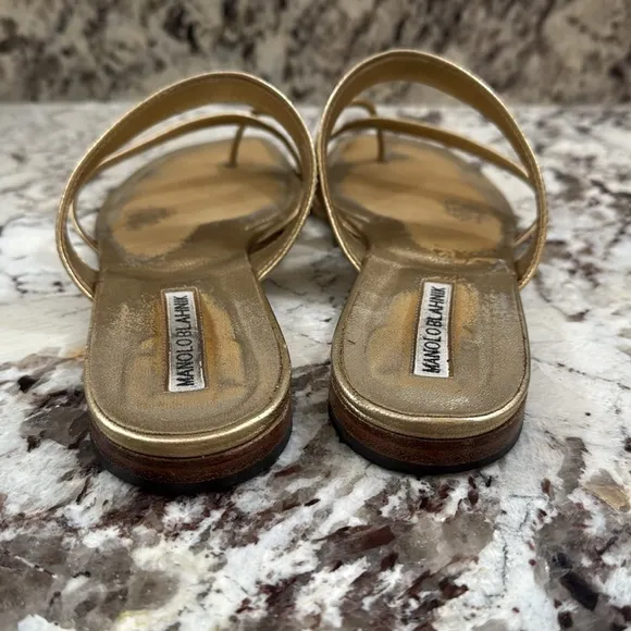 Manolo Blahnik Gold Sandals Metallic Slide Style