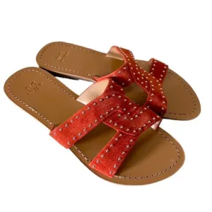 Marc Fischer leather Ramie slide on burnt orange embellished sandals Sz 7M