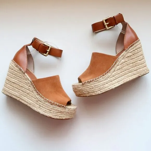 Marc Fisher Adalyn Brown Suede &amp; Leather Platform Espadrille Ankle Strap Sandals