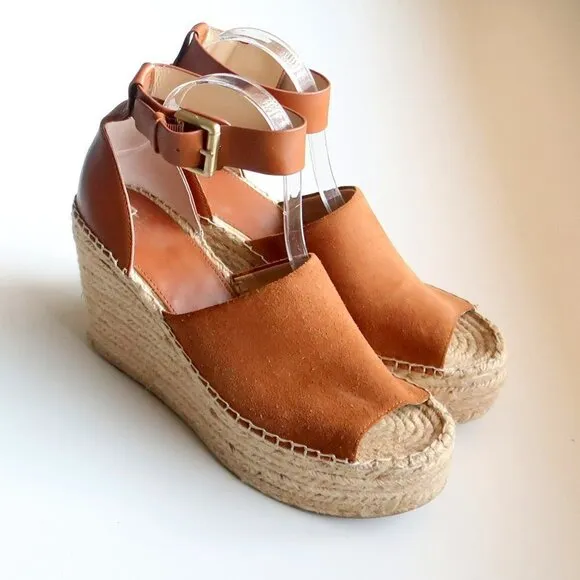 Marc Fisher Adalyn Brown Suede &amp; Leather Platform Espadrille Ankle Strap Sandals