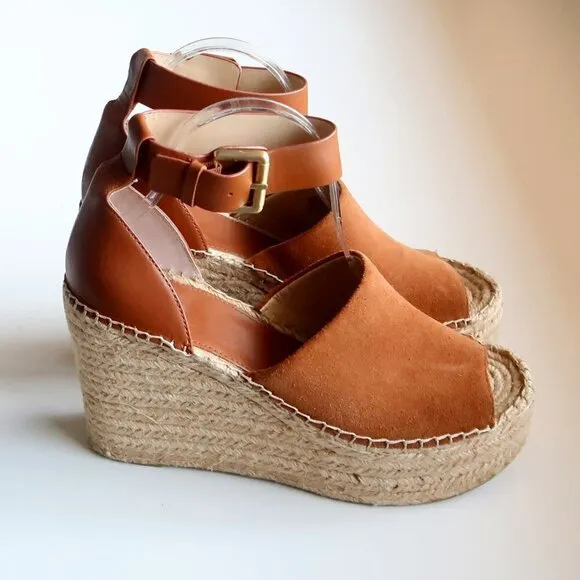 Marc Fisher Adalyn Brown Suede &amp; Leather Platform Espadrille Ankle Strap Sandals