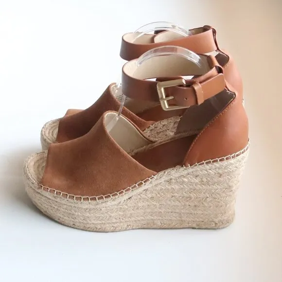 Marc Fisher Adalyn Brown Suede &amp; Leather Platform Espadrille Ankle Strap Sandals