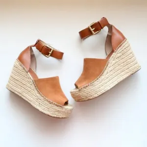 Marc Fisher Adalyn Brown Suede &amp; Leather Platform Espadrille Ankle Strap Sandals