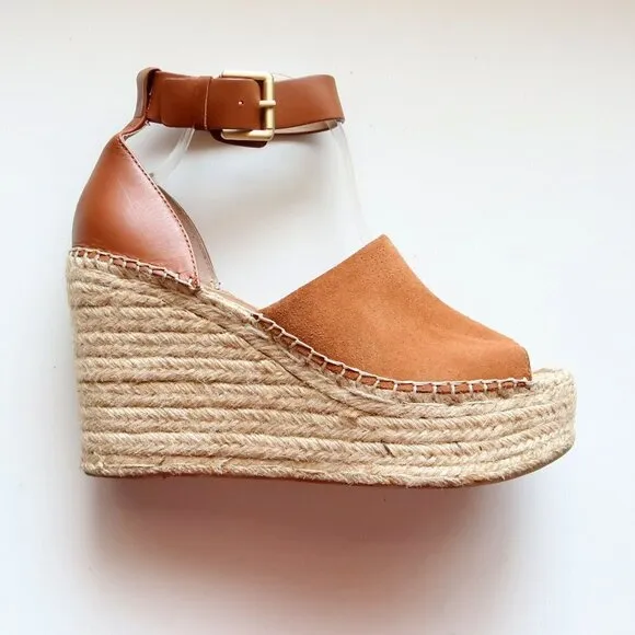 Marc Fisher Adalyn Brown Suede &amp; Leather Platform Espadrille Ankle Strap Sandals